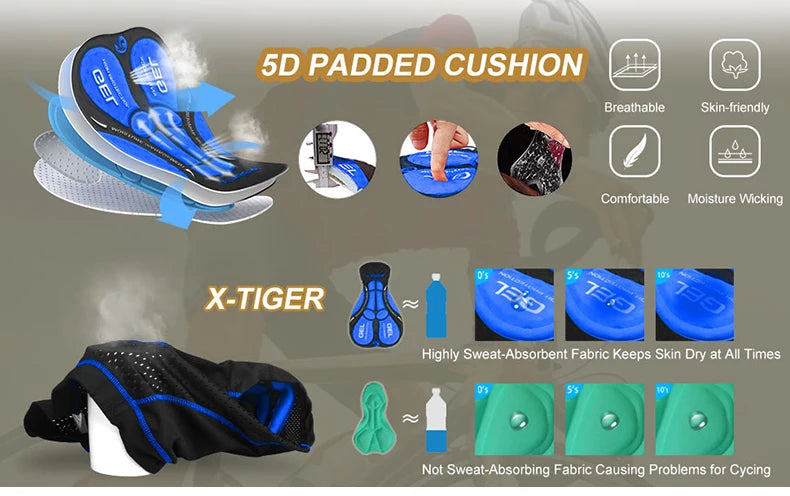 X-TIGER Men's 5D Padded Cycling Shorts - Breathable MTB Bike Underwear