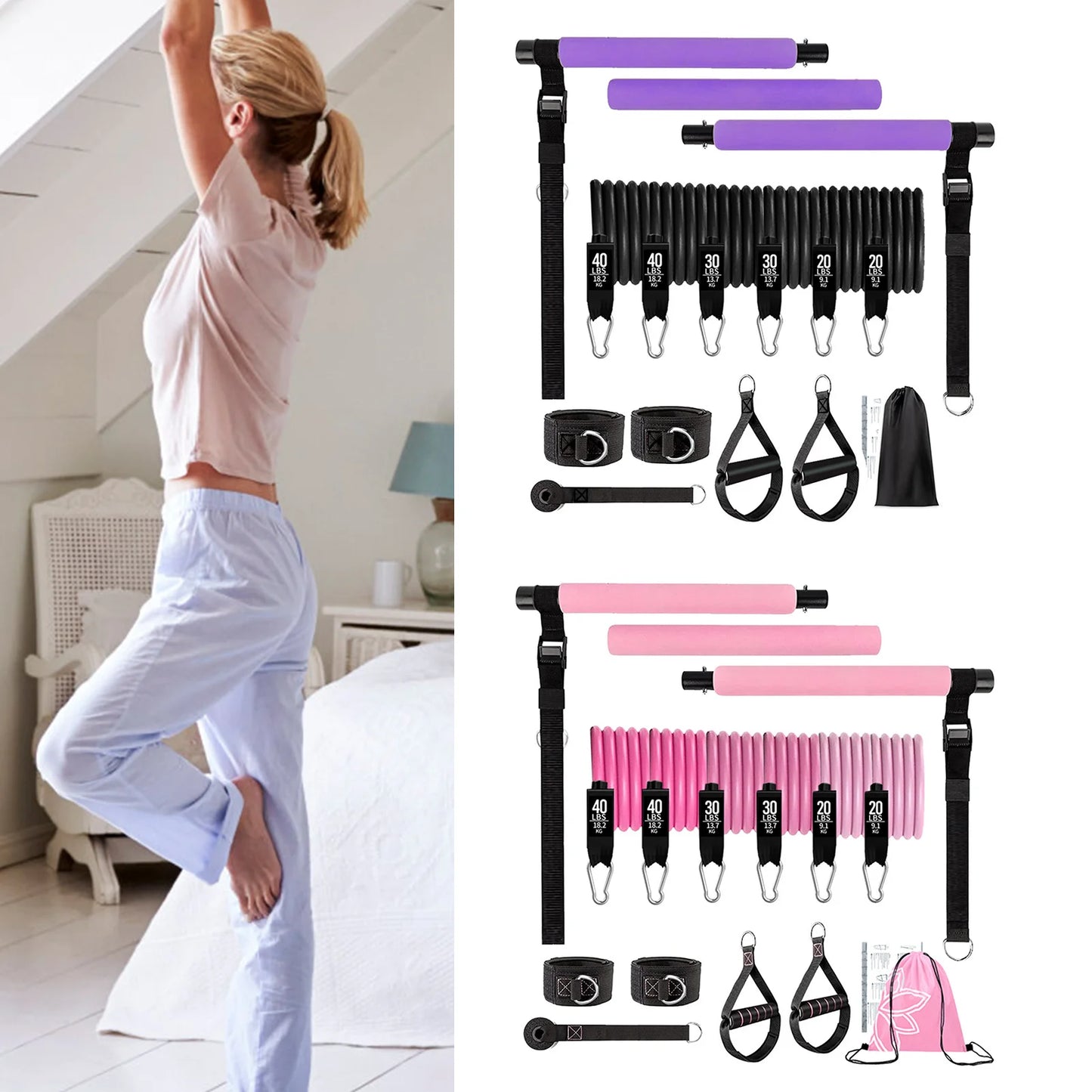 MIAO 11pcs Portable Pilates Bar Kit – Home Gym Workout Set